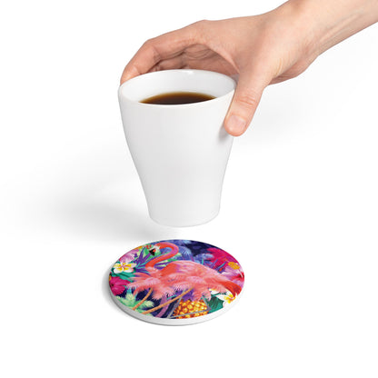 Colourful Jungle Flamingo Ceramic Coaster