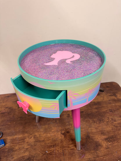 Malibu - Pink with Glitter and Barbie on top.  mint and pink ombre, sunset, flamingo, Palm Springs nightstand , doll detail, taller legs