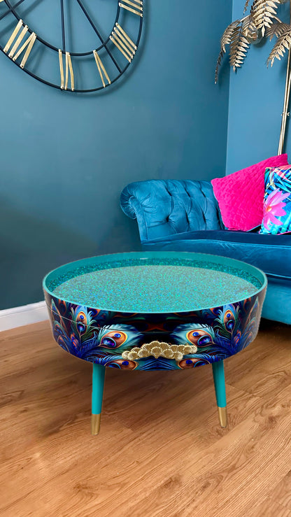 Round coffee table peacock design turquoise glitter