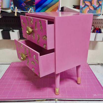 Pink Tiger square bedside table, two drawers, ideal nightstand. Flamingo and baby pink with gold. Customisable