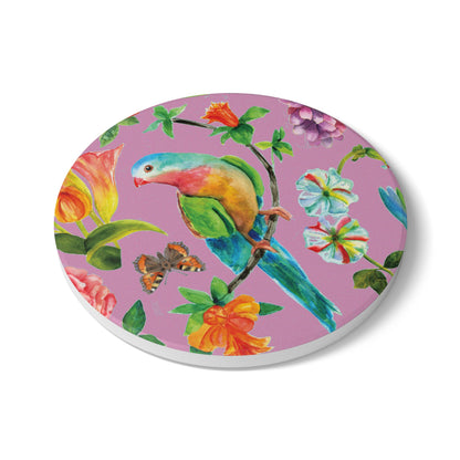 Birds and Butterflies Pink Ceramic Coaster