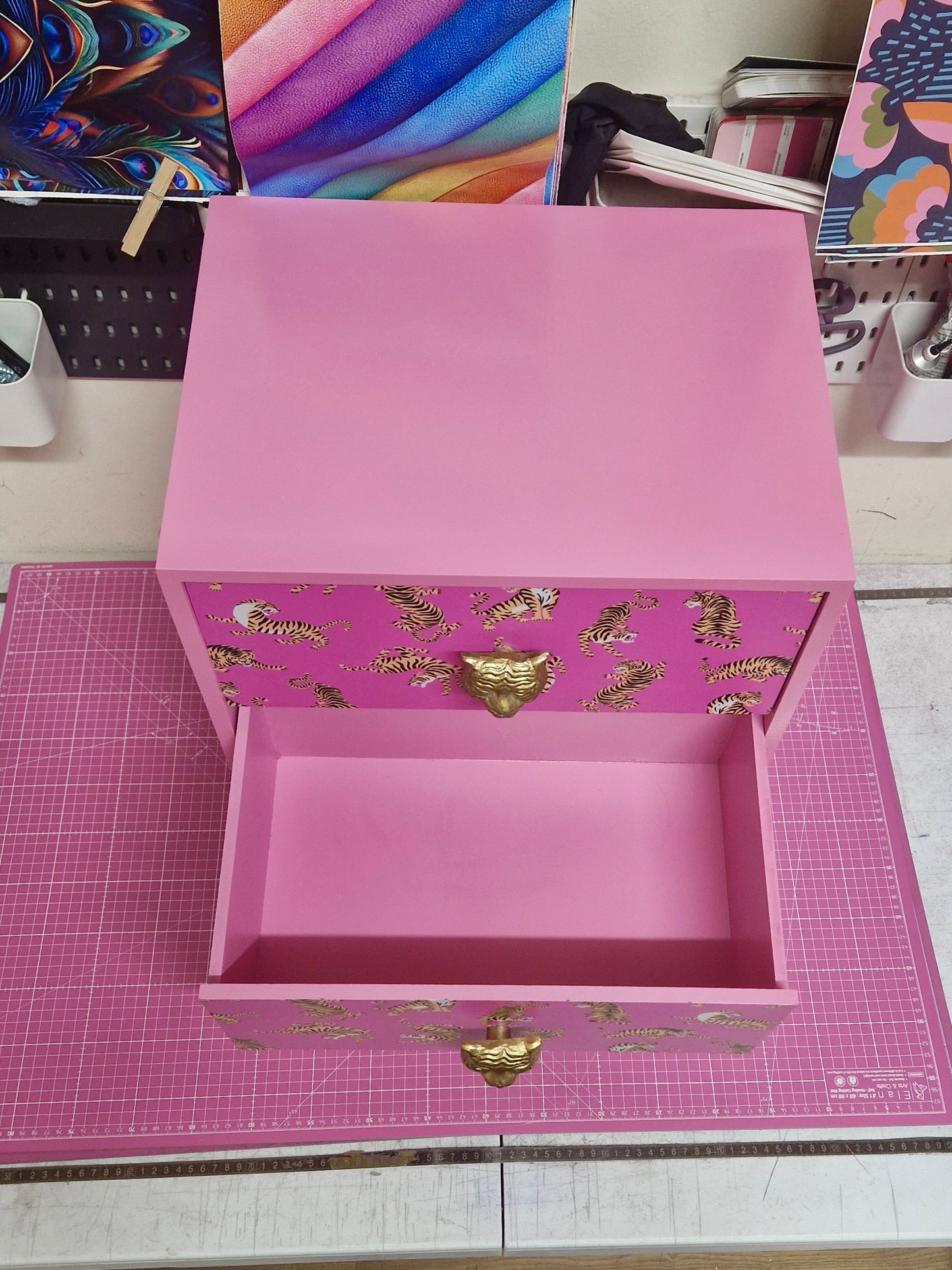 Pink Tiger square bedside table, two drawers, ideal nightstand. Flamingo and baby pink with gold. Customisable