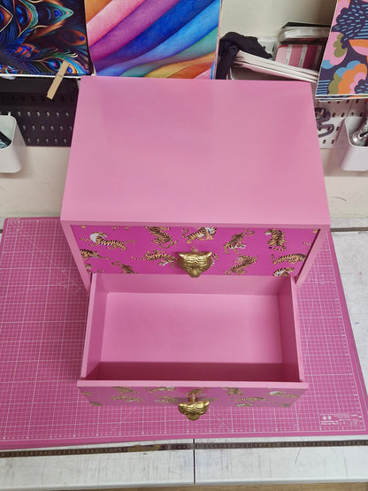 Pink Tiger square bedside table, two drawers, ideal nightstand. Flamingo and baby pink with gold. Customisable
