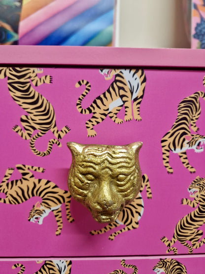 Pink Tiger square bedside table, two drawers, ideal nightstand. Flamingo and baby pink with gold. Customisable