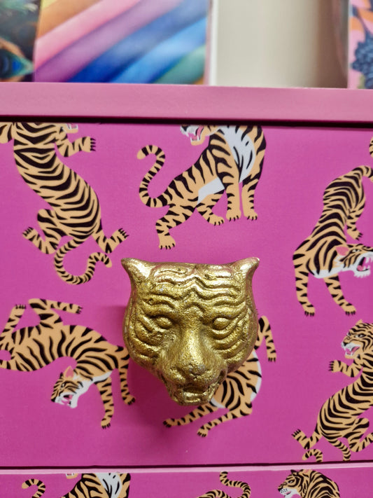 Pink Tiger square bedside table, two drawers, ideal nightstand. Flamingo and baby pink with gold. Customisable