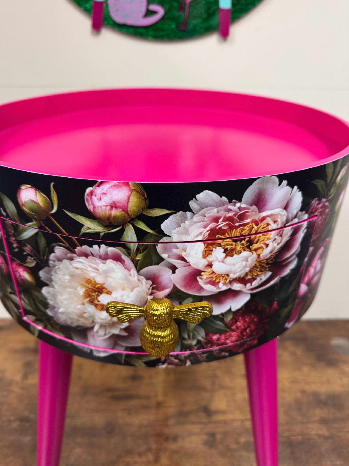 Baroque flowers - Round bedside table , black , hot pink and gold nightstand with baroque floral design,  Moody Home Decor. Side table storage drawer.