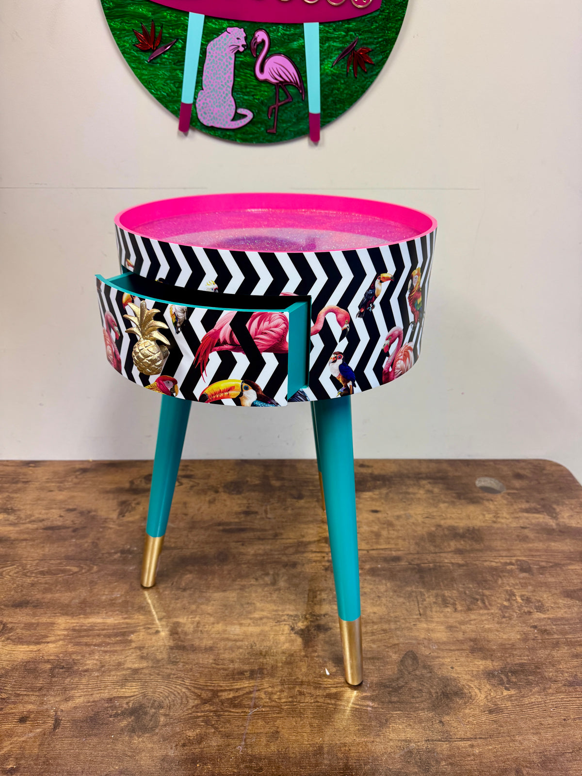 Geometric table with birds, black and white chevrons