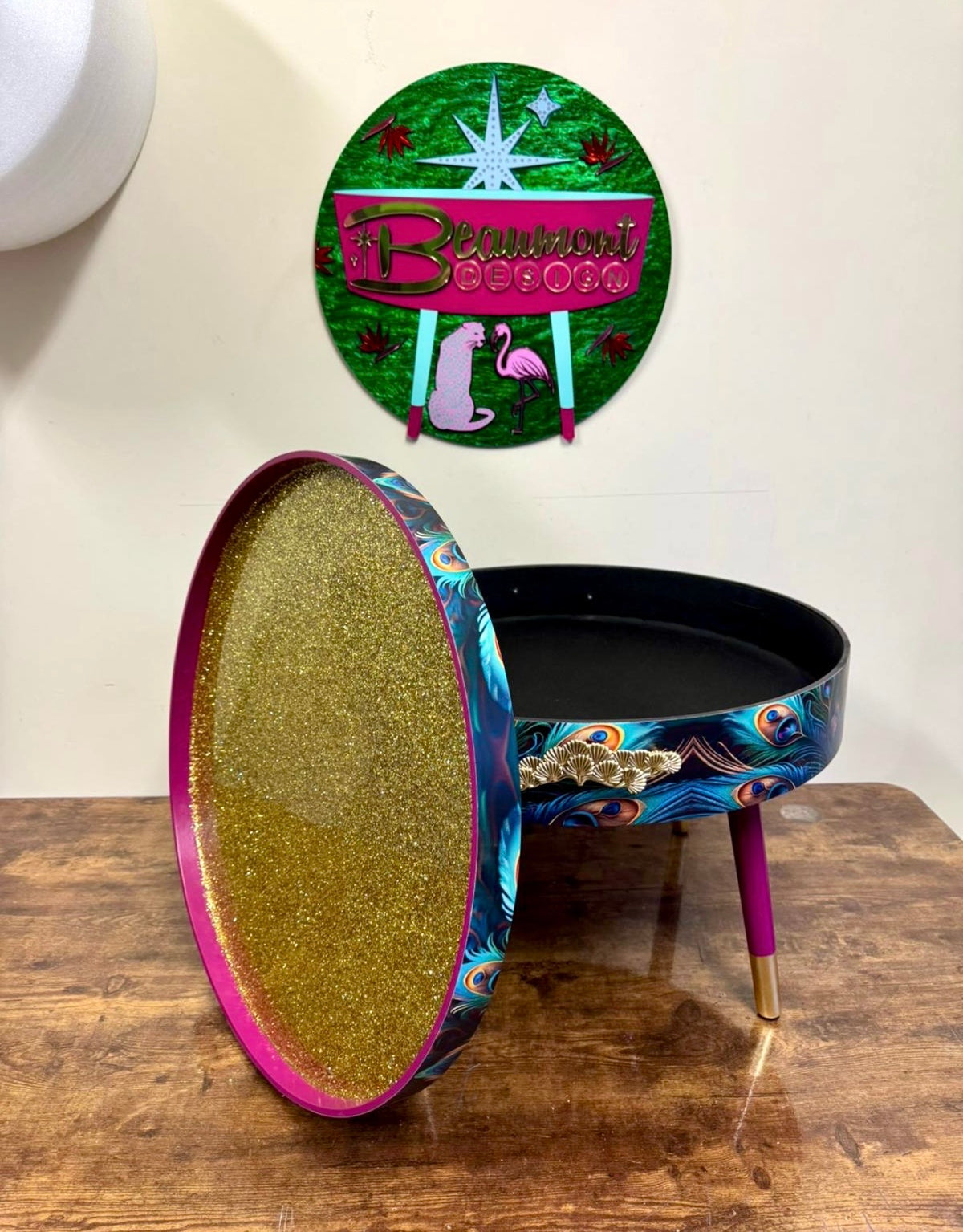 Round coffee table peacock design with cherry blossom and gold glitter