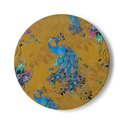 Painted Peacock Mustard Ceramic Coaster