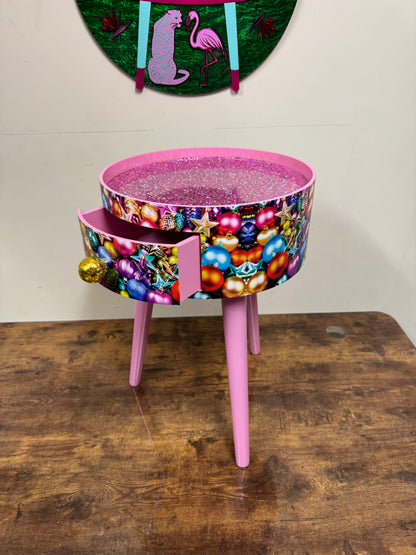 Christmas - pink and glitter Christmas round side table ,retro baubles design.  Nightstand. Hanukkah end table