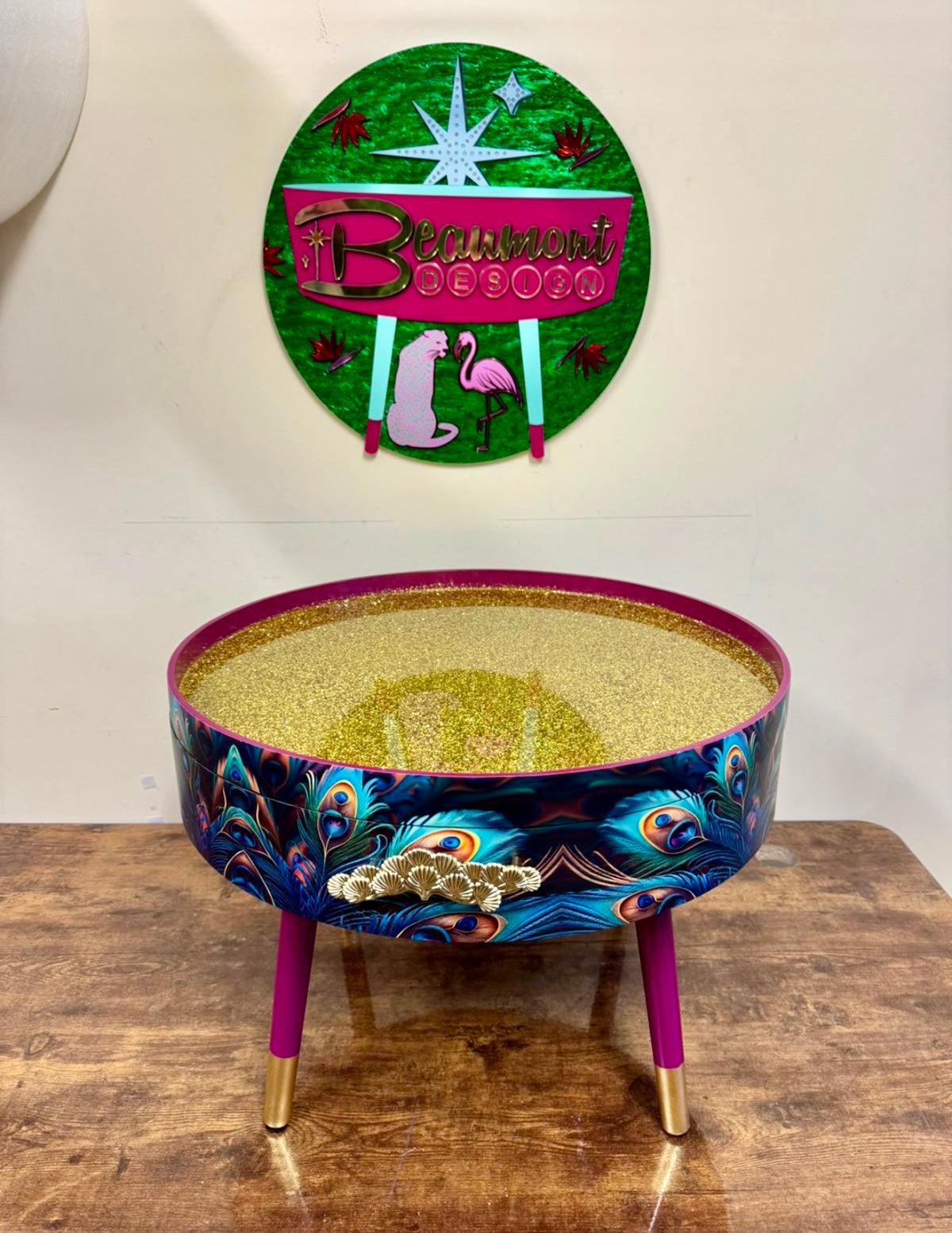 Round coffee table peacock design with cherry blossom and gold glitter