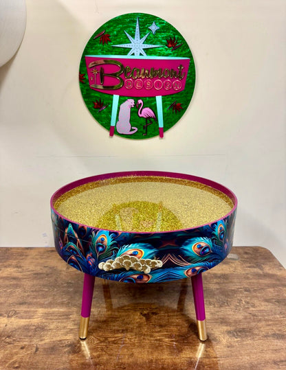 Round coffee table peacock design with cherry blossom and gold glitter