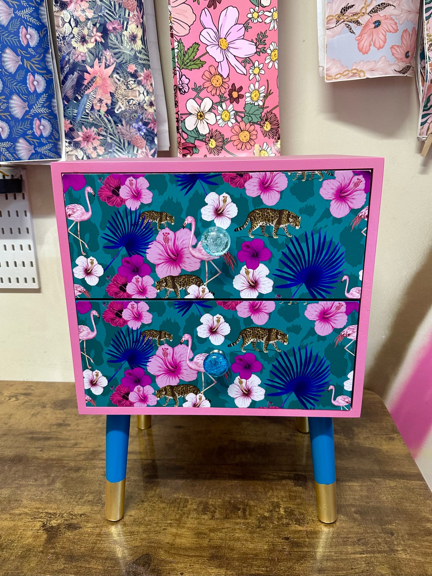 Teal and pink flamingo square bedside table
