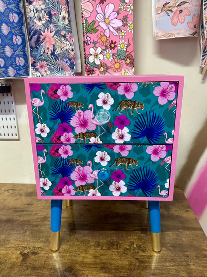 Teal and pink flamingo square bedside table