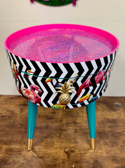 Geometric table with birds, black and white chevrons
