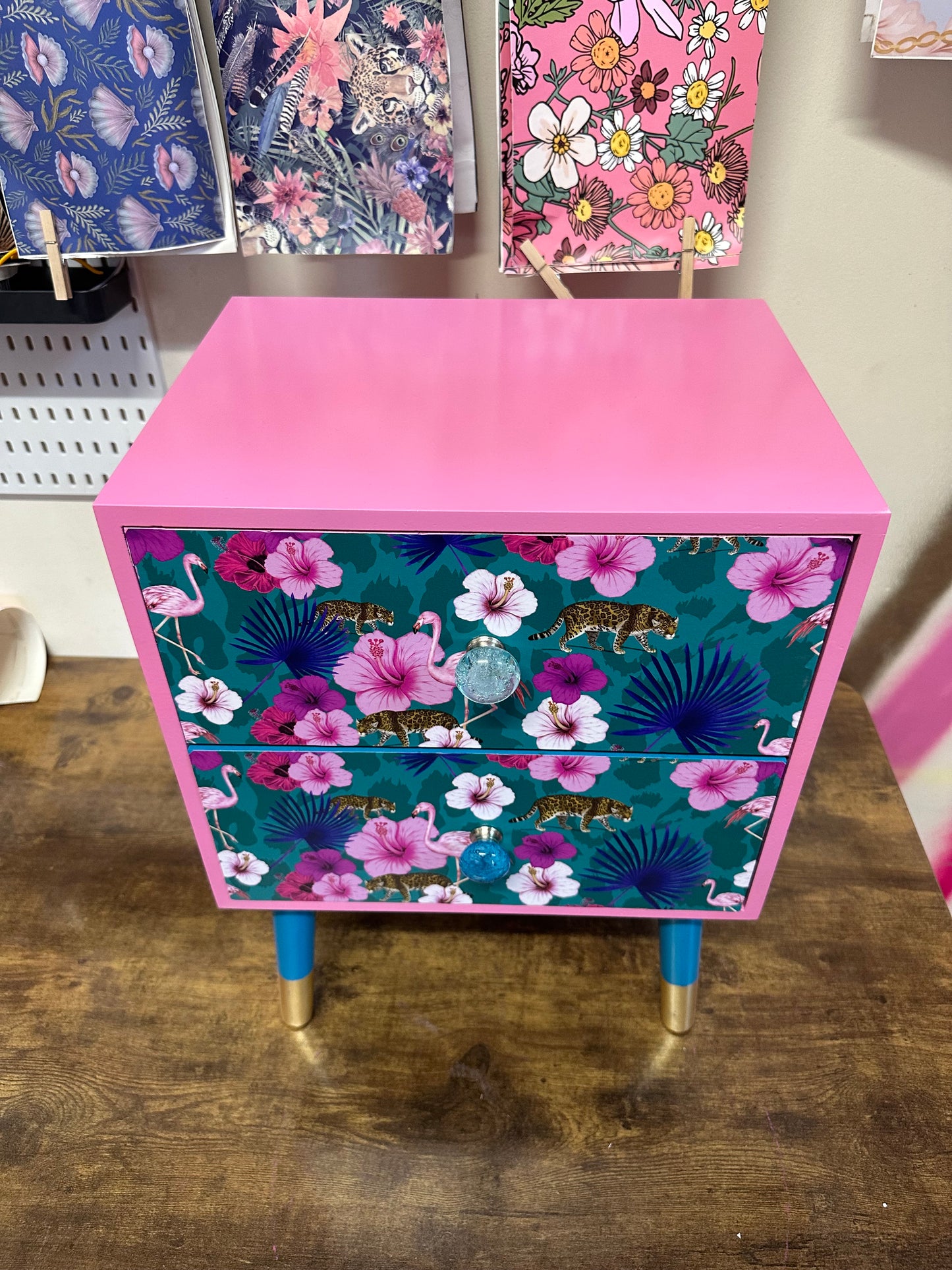 Teal and pink flamingo square bedside table