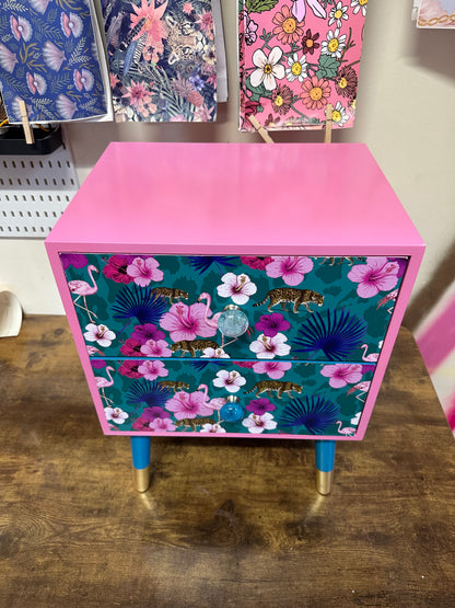 Teal and pink flamingo square bedside table