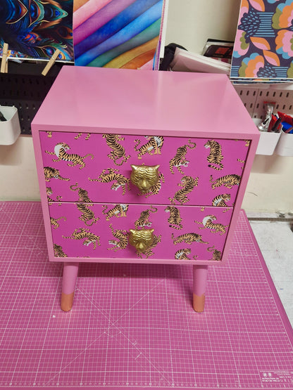 Pink Tiger square bedside table, two drawers, ideal nightstand. Flamingo and baby pink with gold. Customisable