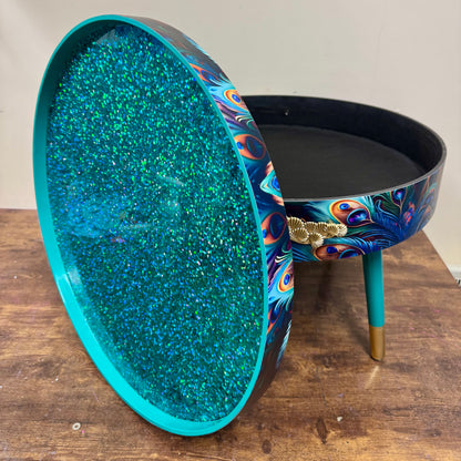 Round coffee table peacock design turquoise glitter