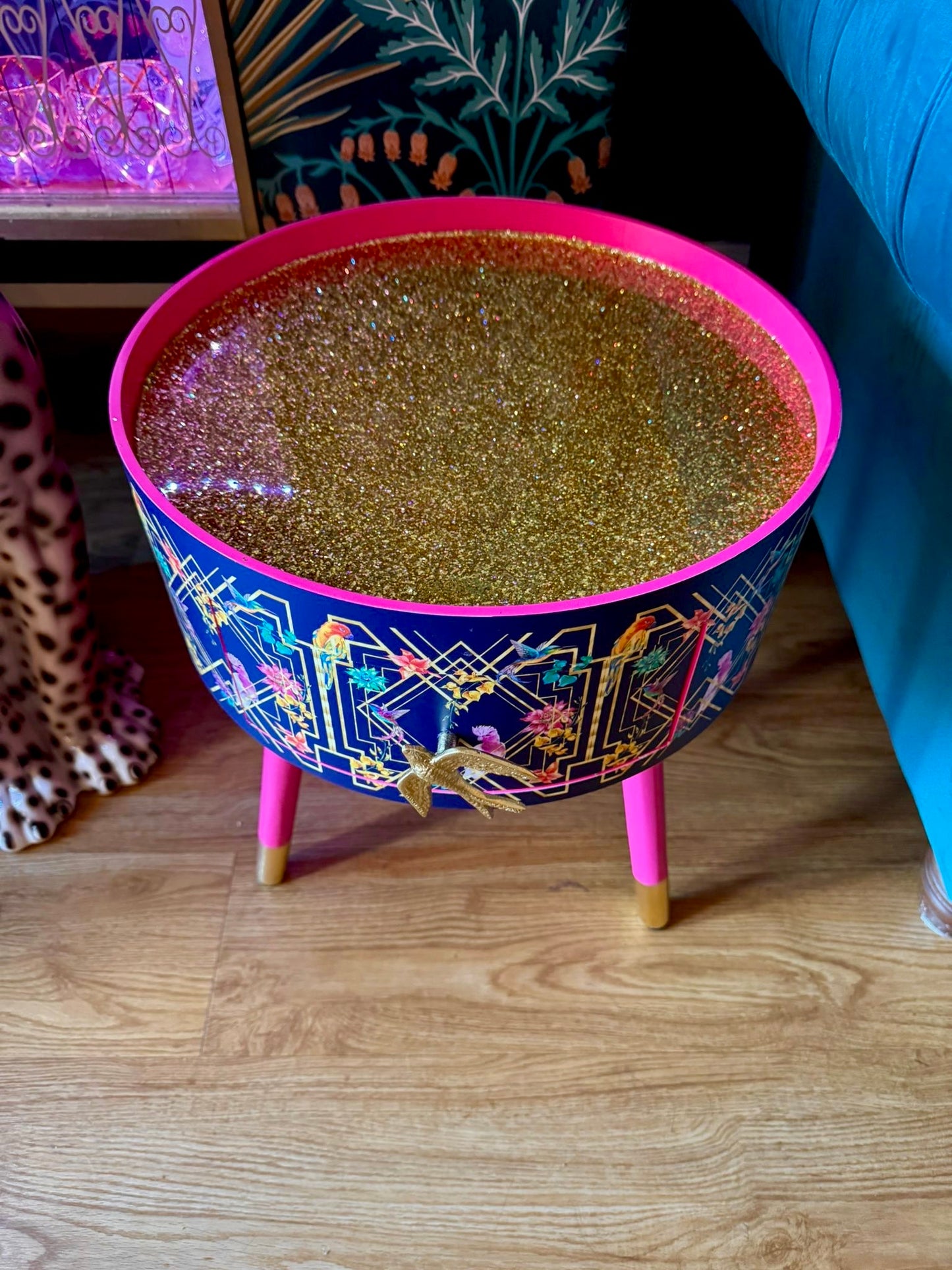 Art deco - Navy Blue Art Deco Birds. Hot Pink with Gold Glitter top.