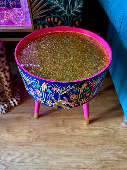 Art deco - Navy Blue Art Deco Birds. Hot Pink with Gold Glitter top.