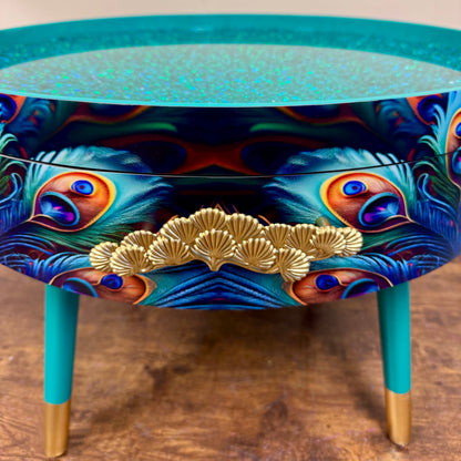 Round coffee table peacock design turquoise glitter
