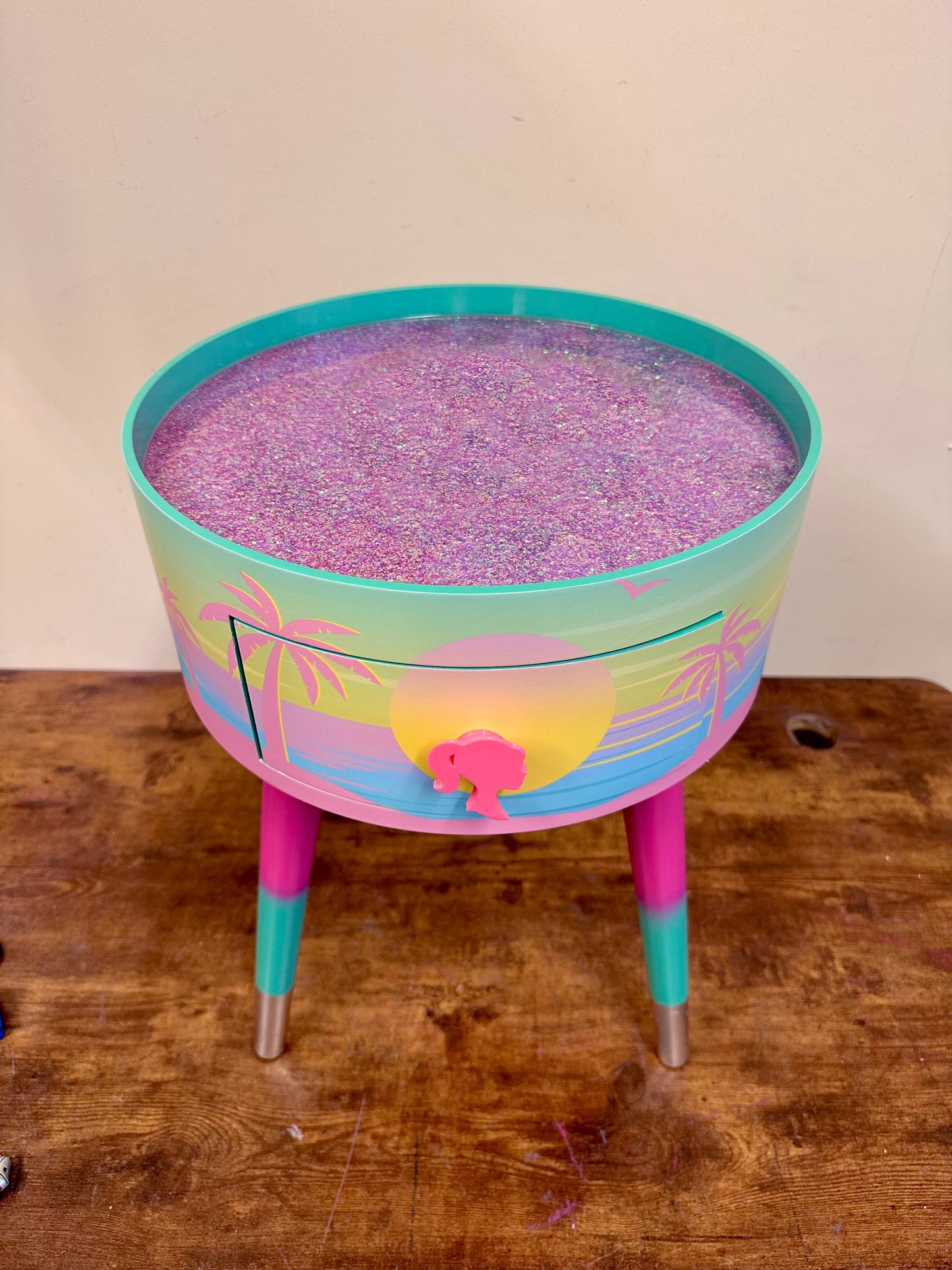 Malibu - Pink with Glitter.  mint and pink ombre, sunset, flamingo, Palm Springs nightstand