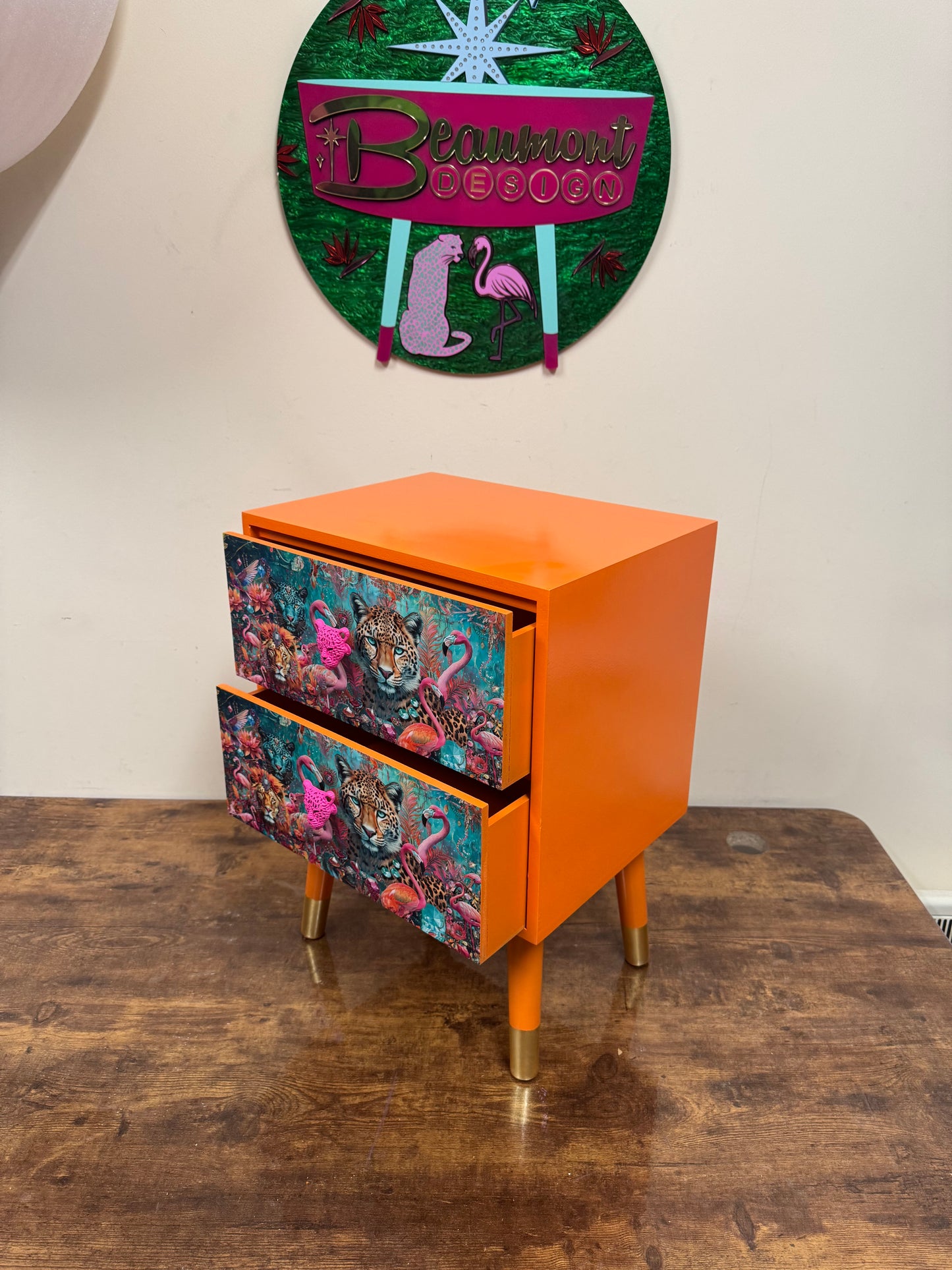 Jewel Leopard Orange  , two drawer square table