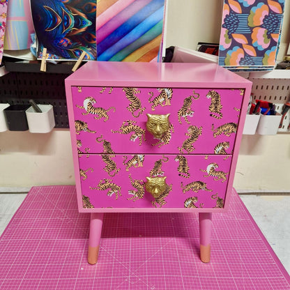 Pink Tiger square bedside table, two drawers, ideal nightstand. Flamingo and baby pink with gold. Customisable