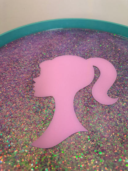 Malibu - Pink with Glitter and Barbie on top.  mint and pink ombre, sunset, flamingo, Palm Springs nightstand , doll detail, taller legs