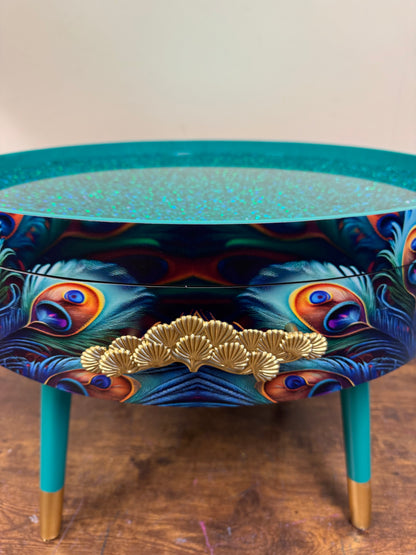 Round coffee table peacock design turquoise glitter