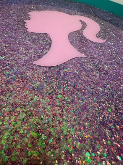 Malibu - Pink with Glitter and Barbie on top.  mint and pink ombre, sunset, flamingo, Palm Springs nightstand , doll detail, taller legs