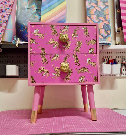 Pink Tiger square bedside table, two drawers, ideal nightstand. Flamingo and baby pink with gold. Customisable