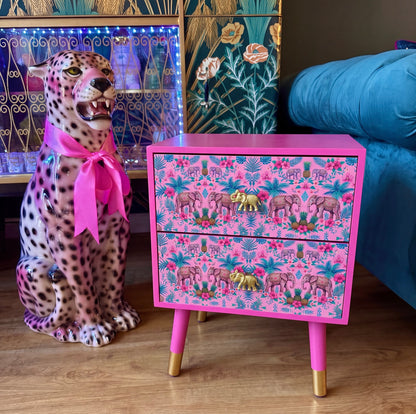 Pink Square table with Elephants, bedside table with two drawers