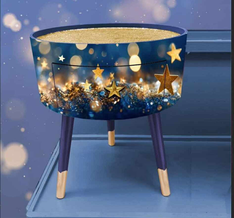 Christmas - gold and navy star round side table.  Nightstand. Hanukkah end table
