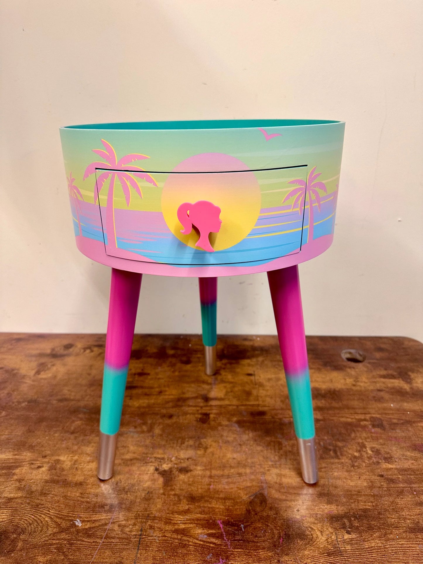 Malibu - Pink with Glitter.  mint and pink ombre, sunset, flamingo, Palm Springs nightstand