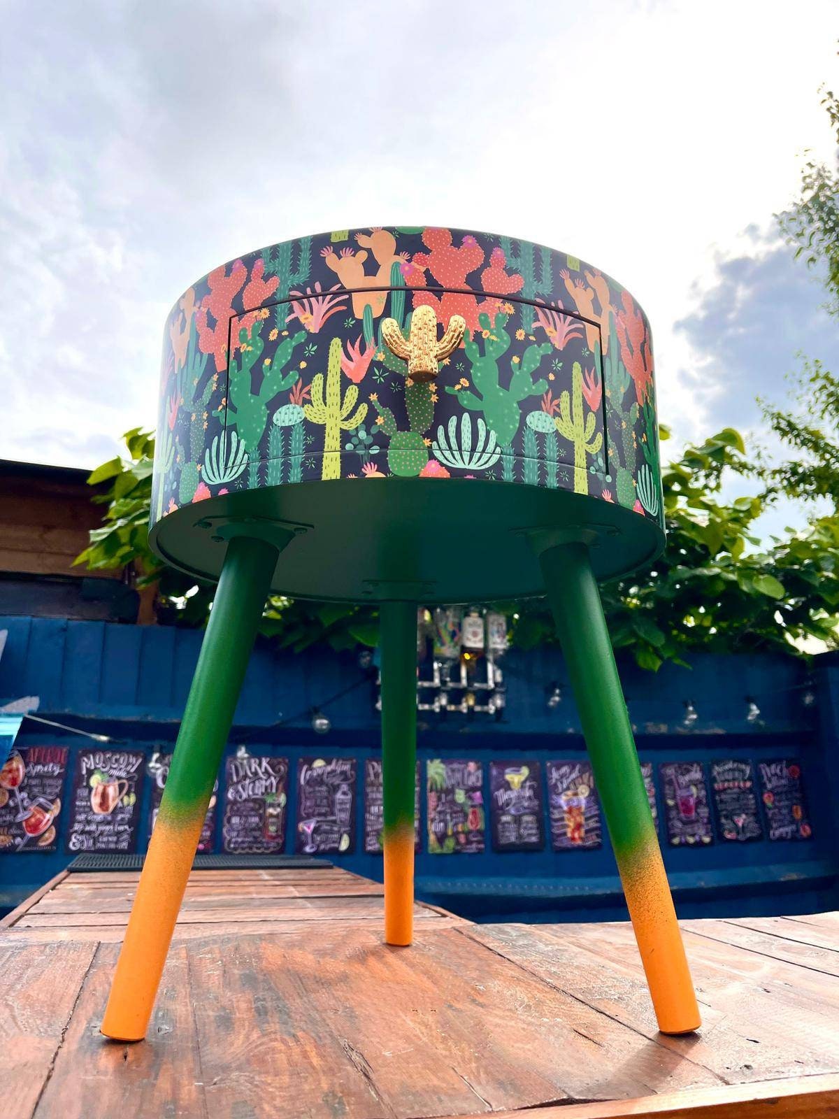 Cactus print - Black round wooden side table with drawer  green orange black bedside table/ bed side table/ cabinet , Built in wooden drawer