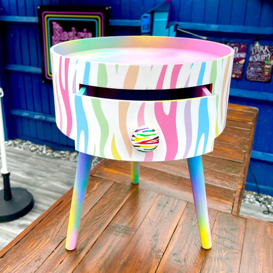 Pastel Zebra - White bed side table cabinet in white bedside table upcycled table , Built in wooden drawer. Ombre home decor