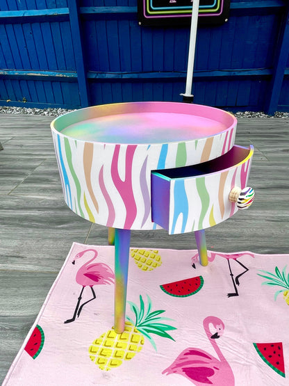 Pastel Zebra - White bed side table cabinet in white bedside table upcycled table , Built in wooden drawer. Ombre home decor