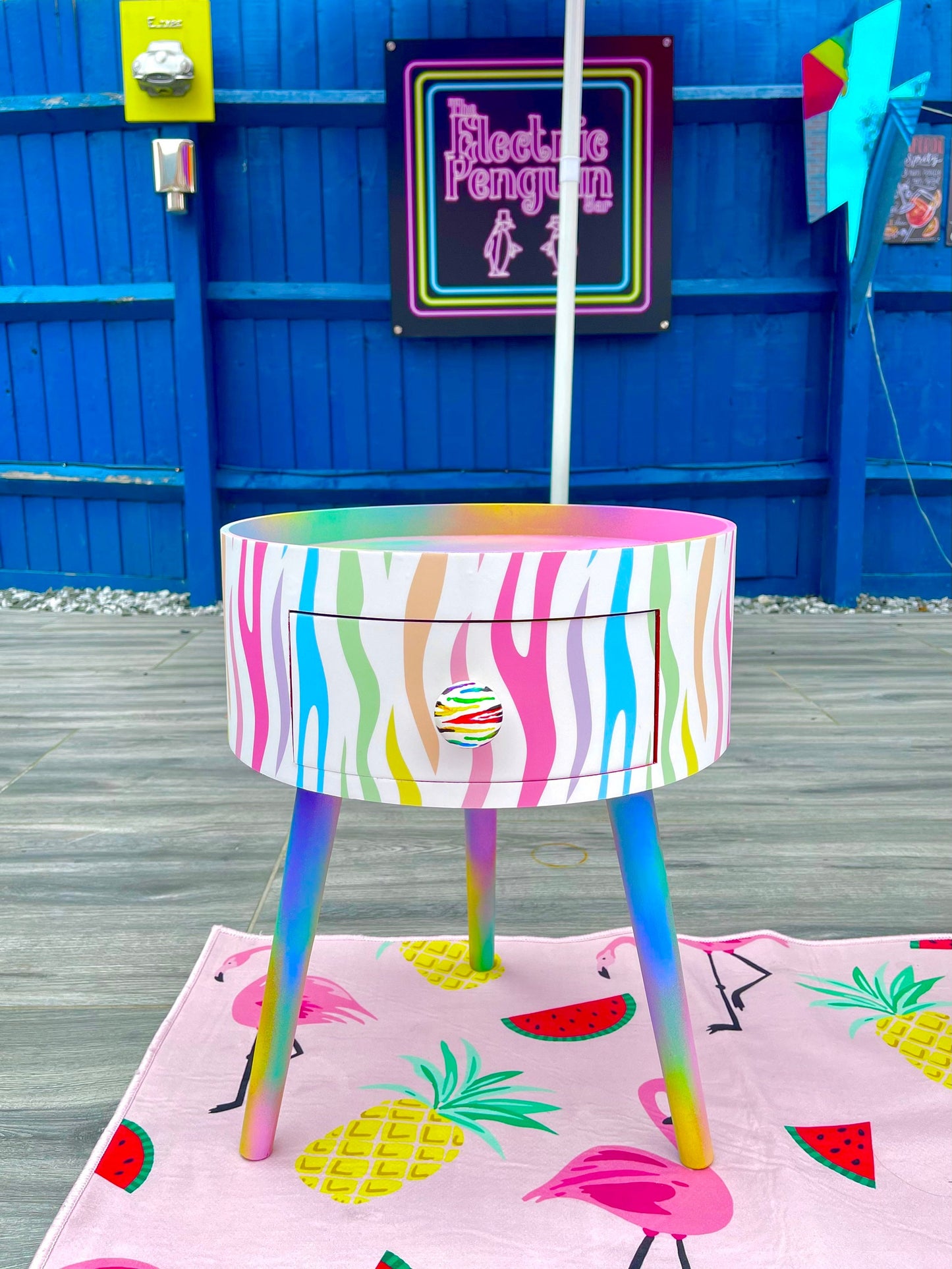 Pastel Zebra - White bed side table cabinet in white bedside table upcycled table , Built in wooden drawer. Ombre home decor