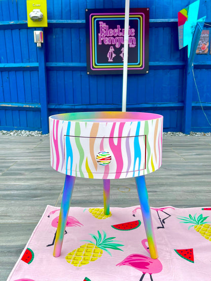 Pastel Zebra - White bed side table cabinet in white bedside table upcycled table , Built in wooden drawer. Ombre home decor