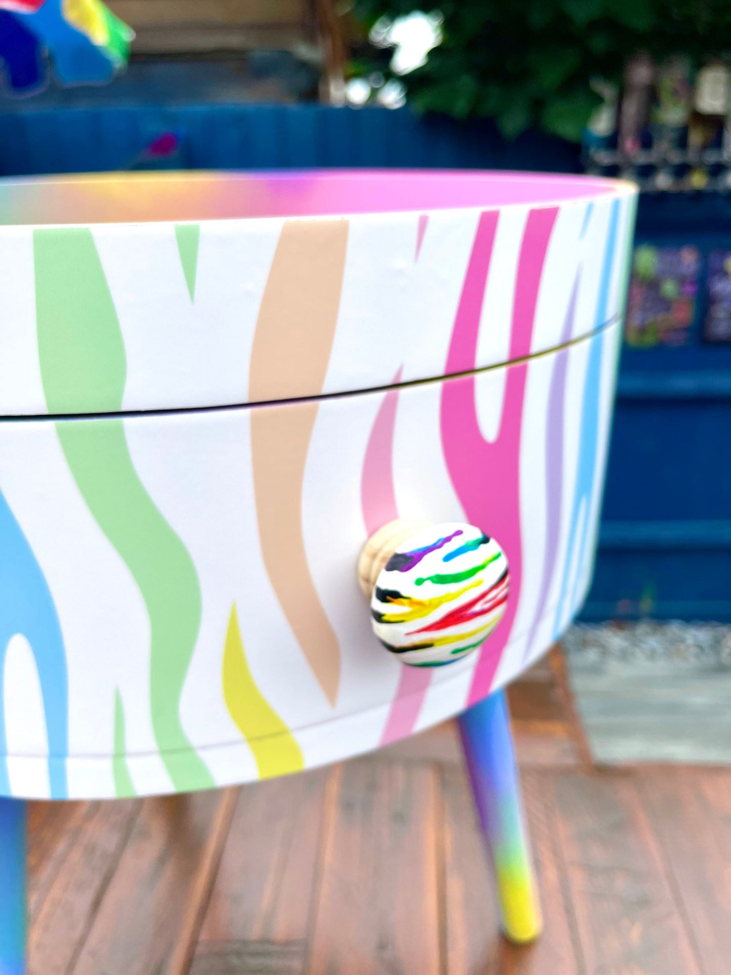 Pastel Zebra - White bed side table cabinet in white bedside table upcycled table , Built in wooden drawer. Ombre home decor