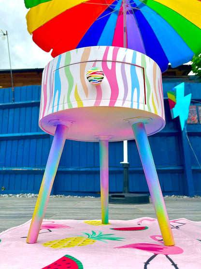 Pastel Zebra - White bed side table cabinet in white bedside table upcycled table , Built in wooden drawer. Ombre home decor