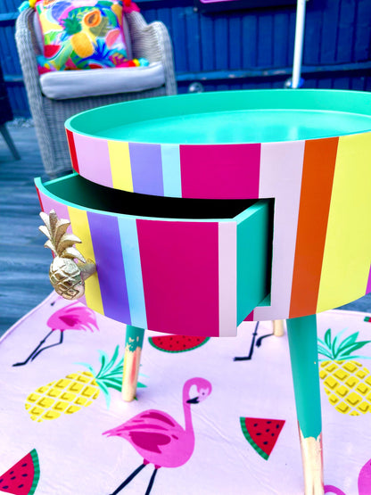 Rainbow - Refresher stripe  multicoloured round  side table . Circular wooden bedside table with drawer. Ideal Nighstand or bedside table