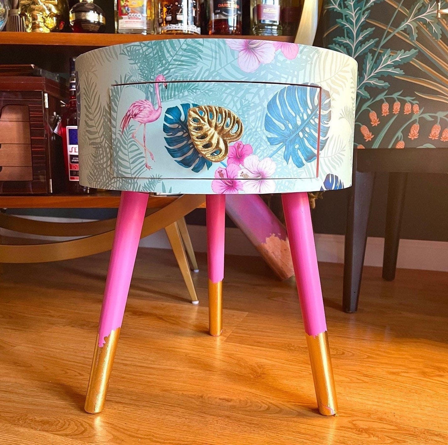 Flamingo - Mint Round small table with drawer. Ideal for nightstand, end table or side table. Pink and mint green flamingo design with gold top