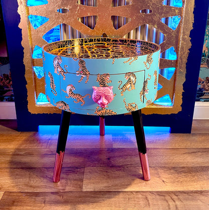 Tiger Table - Turquoise circular tiger table with pink handle . Ideal for nightstand or sidetable . Comes with inbuilt drawer. Customisable