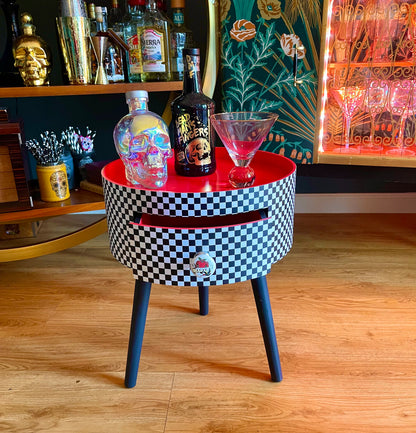 Check - black and white with red round bedside table. Checkerboard retro midcentury vibe Nightstand .