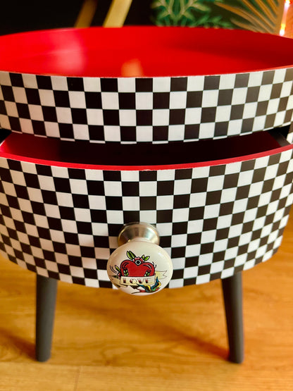 Check - black and white with red round bedside table. Checkerboard retro midcentury vibe Nightstand .