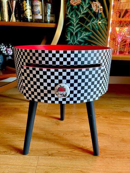 Check - black and white with red round bedside table. Checkerboard retro midcentury vibe Nightstand .