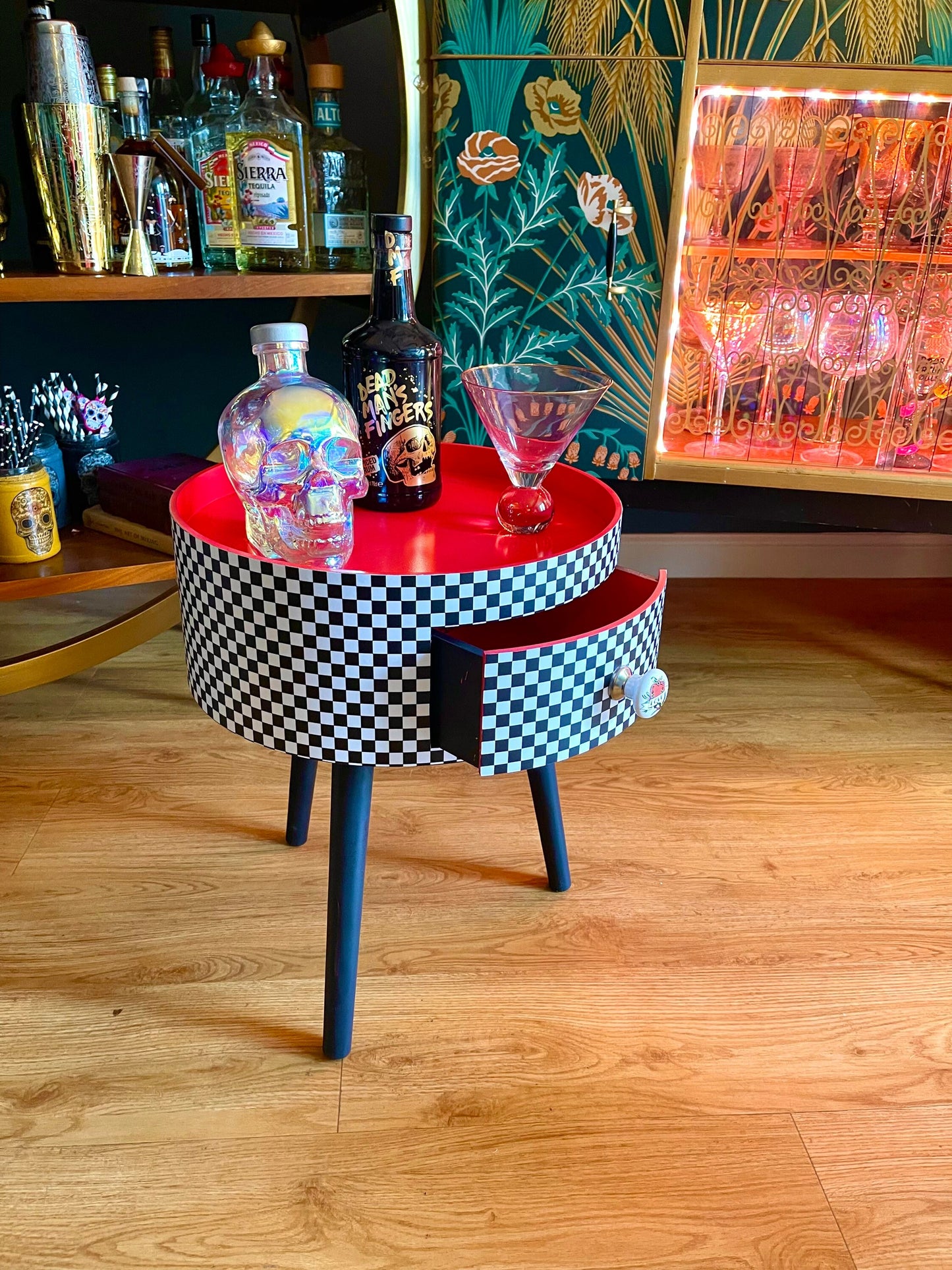 Check - black and white with red round bedside table. Checkerboard retro midcentury vibe Nightstand .